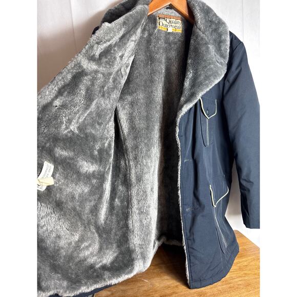 Vintage Chore Jacket Navy Canvas Coat Size 44 Sherpa Style 1970s Retro Utility - Picture 8 of 13